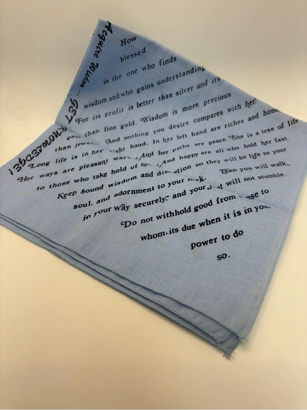 Blue VTG Handkerchief with Black Printed Bible Scripture Inspiration Scarf